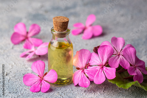 Fresh geranium flower with geranium essential oil, geranium oil