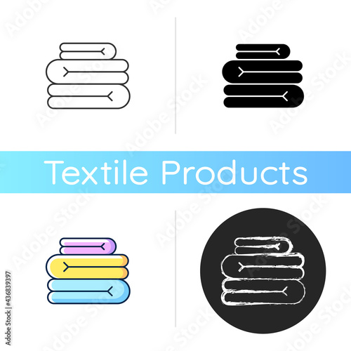 Towel stack icon. Clean folded bedding sheets. Home wipes. Textile products, household cloths. Domestic material item. Linear black and RGB color styles. Isolated vector illustrations