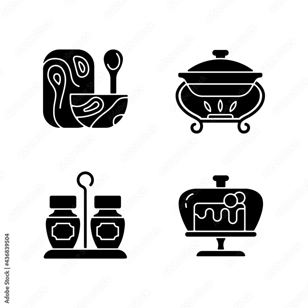 Modern tableware black glyph icons set on white space. Wooden tableware for kitchen. Warming tray for meal. Chafing dish that keeps food warm. Silhouette symbols. Vector isolated illustration Modern tableware black glyph icons set on white space. Wooden tableware for kitchen. Warming tray for meal. Chafing dish that keeps food warm. Silhouette symbols. Vector isolated illustration