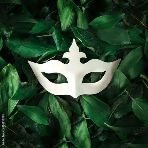 White party mask on green leaves. Carnival. Masquerade. A ministerial party.