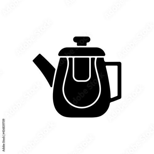 Double glass teapot black glyph icon. Container made of tempered glass for hot tea preparing. Special kitchenware accessories. Silhouette symbol on white space. Vector isolated illustration