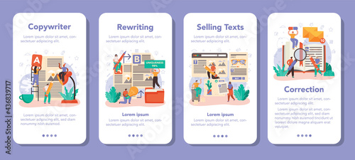 Copywriter mobile application banner set. Writing and designing texts