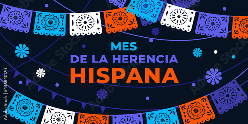 Hispanic heritage month. Vector web banner, poster, card for social media, networks. Greeting in Spanish Mes de la herencia hispana text, Papel Picado pattern, perforated paper on black background.