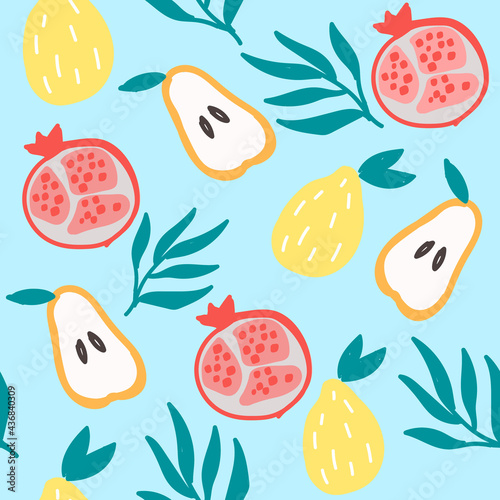 Seamless vector pattern with fruits  pear  pomegranate  lemon