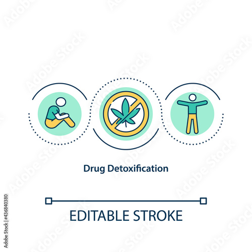 Drug detoxification concept icon. People stop drug consumption. Narcotics addiction treatment abstract idea thin line illustration. Vector isolated outline color drawing. Editable stroke
