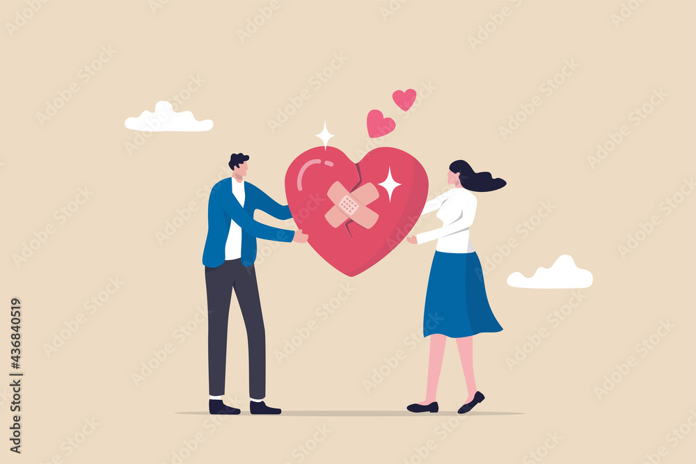 Forgiveness to keep relationship last long, togetherness or love couple concept, happy man and woman, husband and wife with bandage on broken heart shape as forgiveness symbol. - obrazy, fototapety, plakaty 