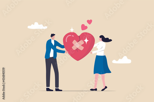 Forgiveness to keep relationship last long, togetherness or love couple concept, happy man and woman, husband and wife with bandage on broken heart shape as forgiveness symbol. photo