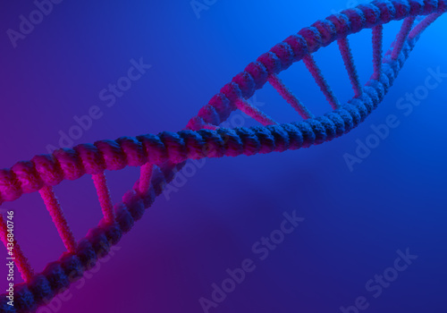 Fototapeta Naklejka Na Ścianę i Meble -  DNA molecule close up. It symbolizes genetic engineering. Three-dimensional model of human genome. 3d render of a DNA molecule. Genetic engineering symbol on purple-blue background. DNA strand.