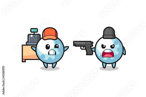 illustration of the cute golf as a cashier is pointed a gun by a robber