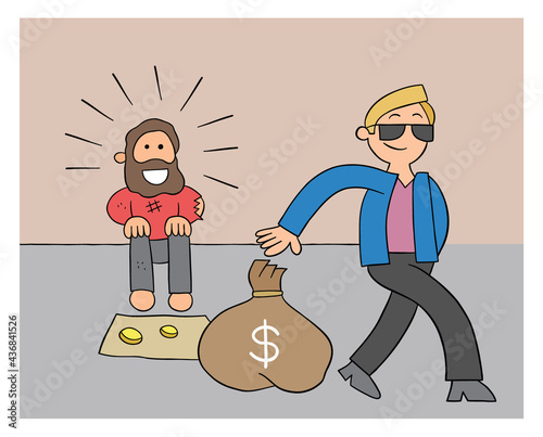 Cartoon rich man giving homeless man a sack of dollars, vector illustration