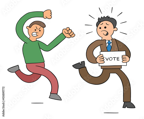Cartoon angry man chasing politicians who want votes, vector illustration