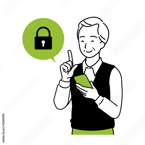 Illustration of a senior who operates a smartphone, a smile.