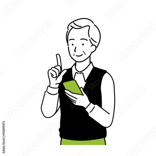 Illustration of a senior who operates a smartphone, a smile.
