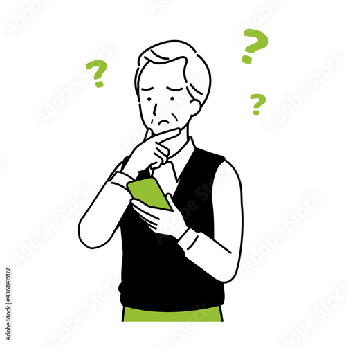 Illustration of a senior who operates a smartphone, puzzled.