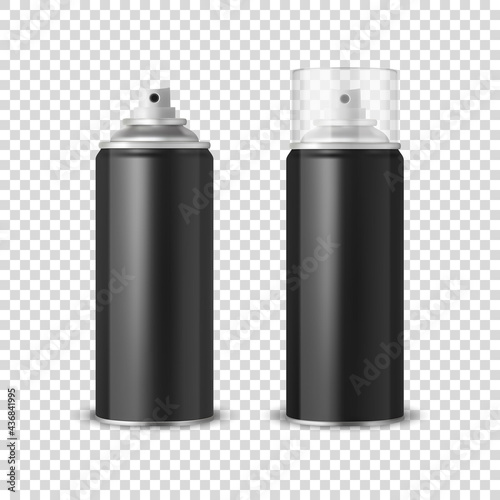 Vector 3d Realistic Black Aluminum Blank Spray Can, Bottle, Transparent Lid Set Isolated. Design Template, Sprayer Can, Mock up, Package, Advertising, Hairspray, Deodorant. Front View