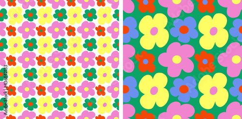 Bright abstract flowers seamless pattern. Endless botanical vector ornament. Naive art floral background.