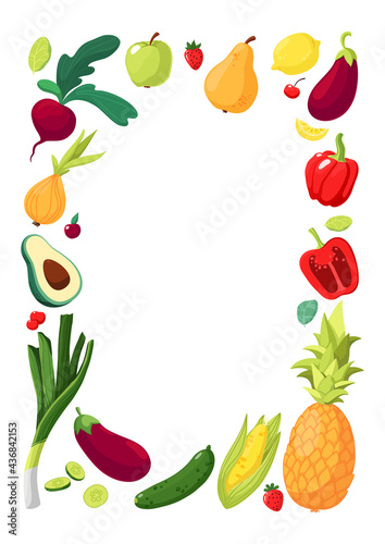 Rectangular frame made of vegetables  fruits and berries. Vector illustration isolated on white background. For the design and decoration of markets  fairs  menus of restaurants and cafes. 