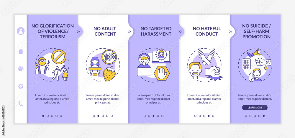 Social media conversation safety onboarding vector template. Responsive mobile website with icons. Web page walkthrough 5 step screens. No hateful conduct color concept with linear illustrations