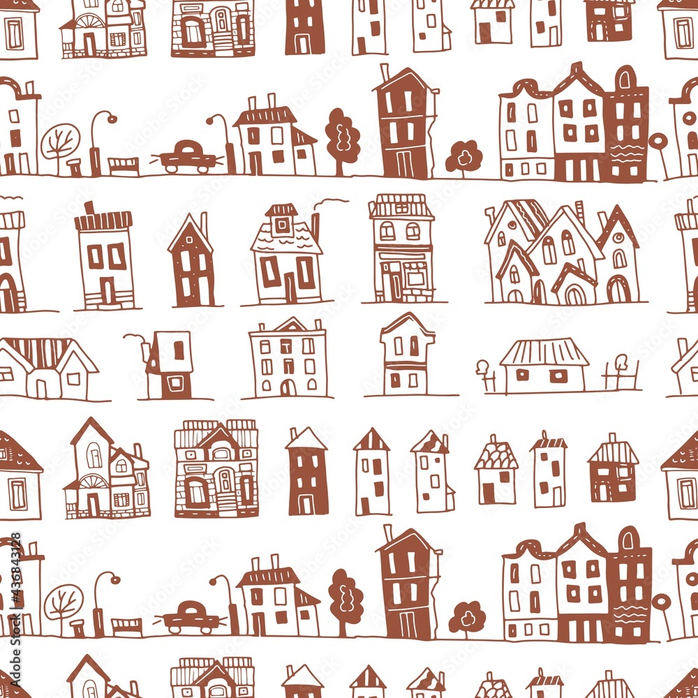 
Houses scandinavian style graphic vector illustration hand drawn doodle sketch set seamless pattern. print textile paper. Arzitecture building facades city street boho hugo vintage