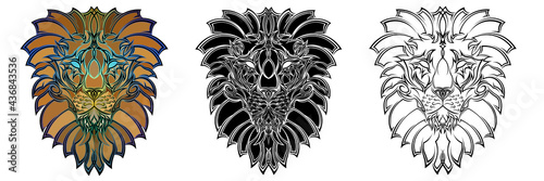 Three variants of the logo of a mythical lion head in a tattoo style. Lion logo vector template illustration graphic design. Lion head set. Leo.