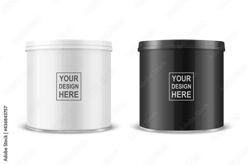 Vector 3d Realistic Blank Glossy White, Black Metal Tin Can, Canned Food, Potato Chips Packaging With Lid Set Isolated On White Background. Small Size. Design Template, Mockup. Front View Vector 3d Realistic Blank Glossy White, Black Metal Tin Can, Canned Food, Potato Chips Packaging With Lid Set Isolated On White Background. Small Size. Design Template, Mockup. Front View