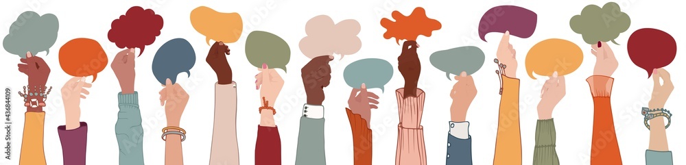Group Raised arms multi-ethnic multicultural people holding speech bubble in hand.Diverse people talking chatting and sharing information on social.Diversity group people.Racial equality - obrazy, fototapety, plakaty 