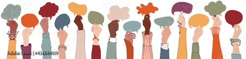 Group Raised arms multi-ethnic multicultural people holding speech bubble in hand.Diverse people talking chatting and sharing information on social.Diversity group people.Racial equality
