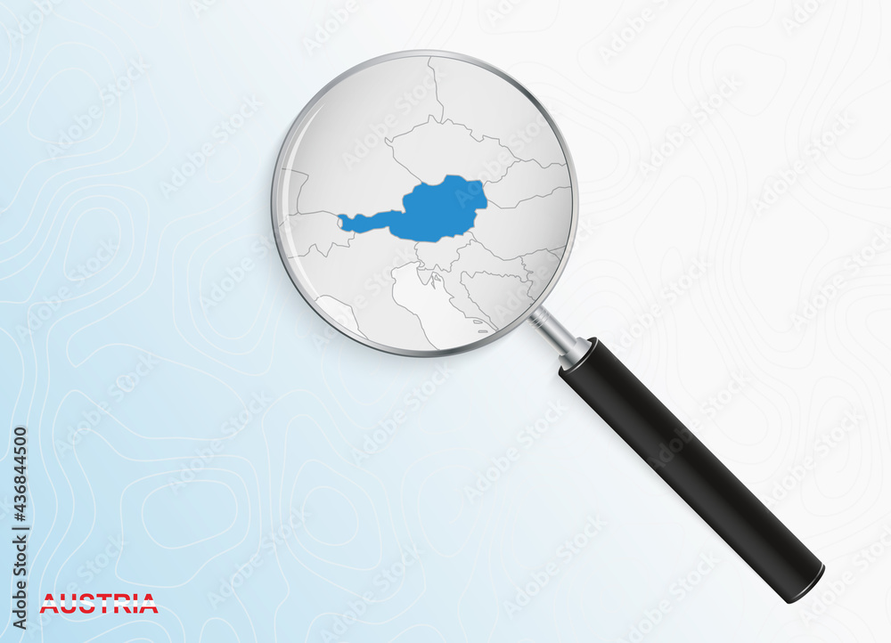 Magnifier with map of Austria on abstract topographic background. Magnifier with map of Austria on abstract topographic background.