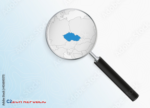 Magnifier with map of Czech Republic on abstract topographic background.