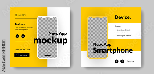 Editable smartphone mockup posts for social media, square graphic templates with mobile device, instagram and facebook web banner design, for app, applications