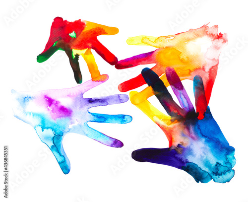 Human hands of different age and size, watercolor painting. Vivid illustration, family and togetherness concept, design element ideal for t-sirt print, posters