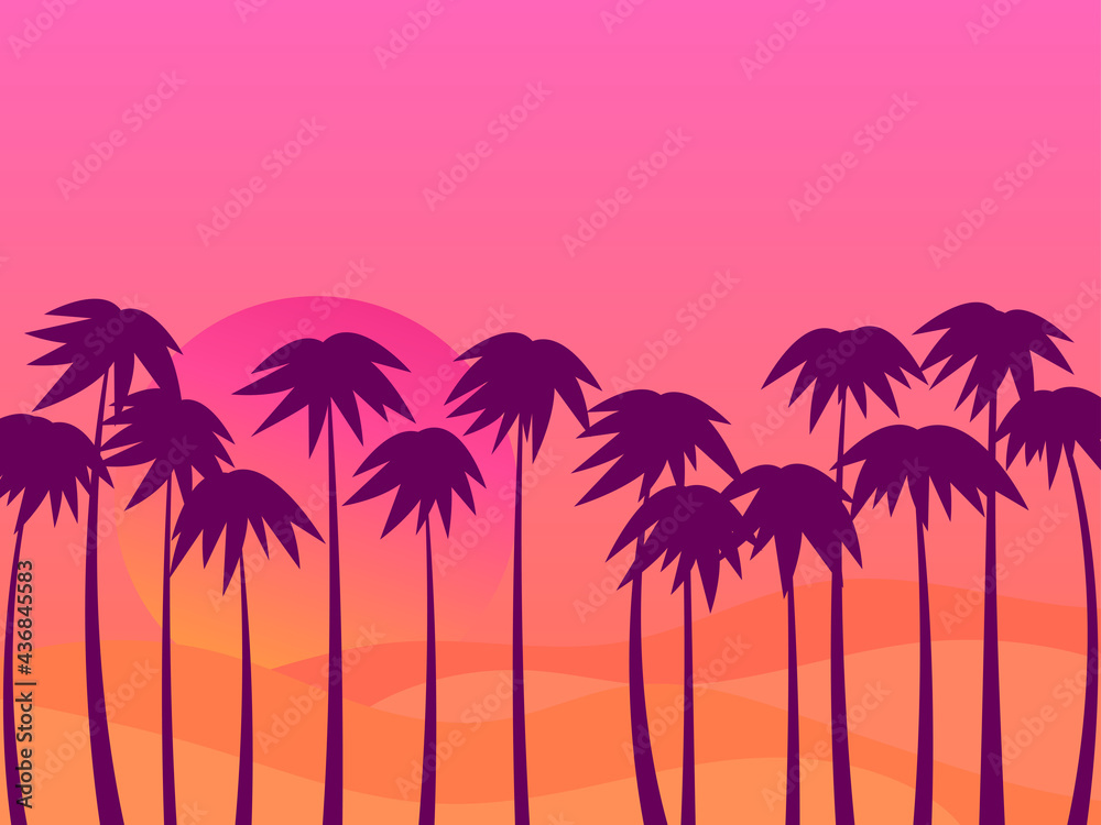 Desert sunset with palms and 80s gradient sun. Sand dunes in a flat style. Design for advertising brochures, banners, posters, travel agencies. Vector illustration