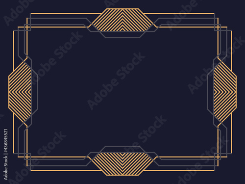 Art deco frame. Vintage linear border. Design a template for invitations, leaflets and greeting cards. Geometric golden frame. The style of the 1920s - 1930s. Vector illustration