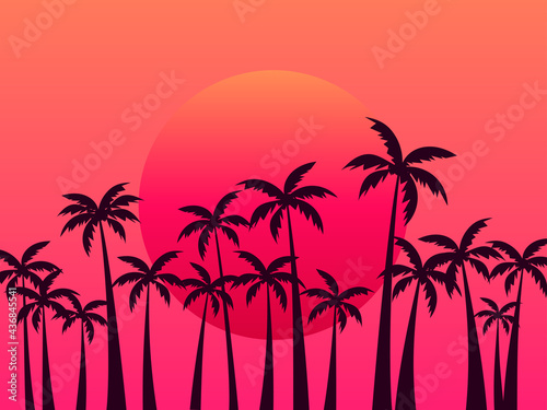 Tropical sunset with palms and gradient sun in 80s style. Design for advertising brochures  banners  posters  travel agencies. Vector illustration