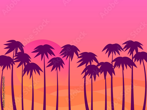 Desert sunset with palms and 80s gradient sun. Sand dunes in a flat style. Design for advertising brochures, banners, posters, travel agencies. Vector illustration