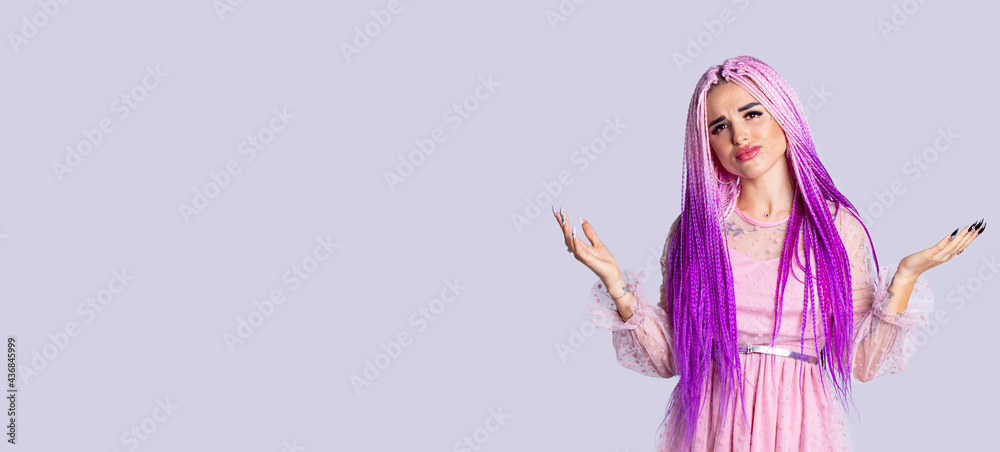Banner, long format on grey background for your ad. Closeup portrait young modern woman with pink hair shrugging hands and shoulders, studio shot. Body language, gestures dissatisfaction, confusion