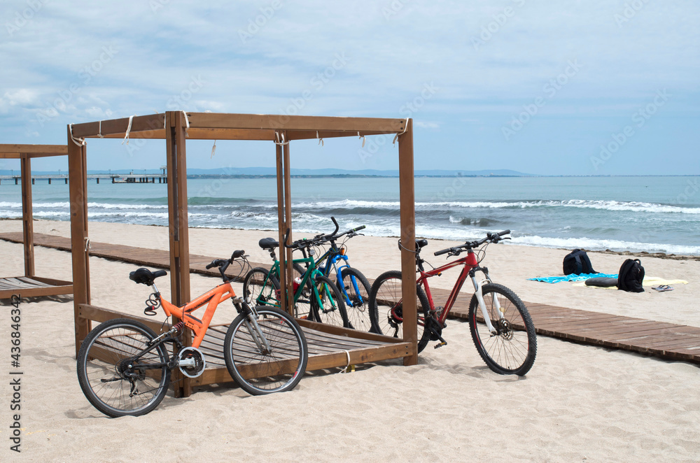 Bicycles parked on the beach in spring, Bulgaria