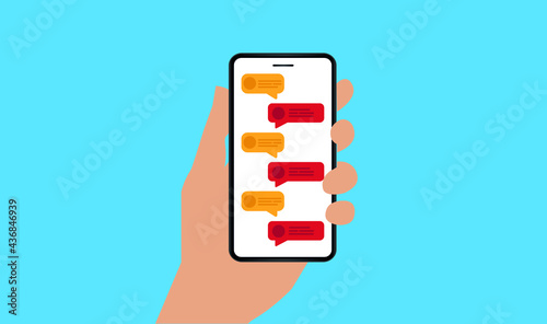 Hand holding Mobile phone with text bubbles on the screen. Vector illustration
