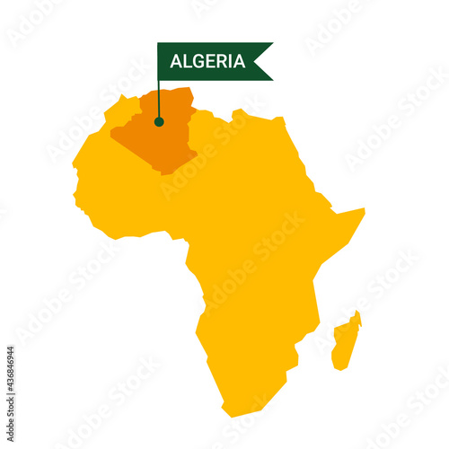 Algeria on an Africa s map with word Algeria on a flag-shaped marker. photo