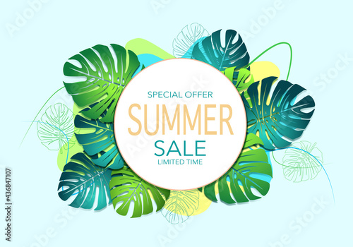 Green summer tropical background with exotic monstera. Vector floral blue background. Web sale banner or flyer template.