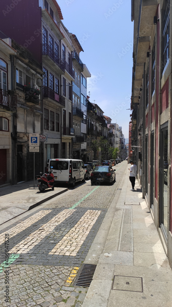 Porto, Portugal - May 30, 2021: Historical architecture of Rua do Almada street in Porto city, Portugal.
