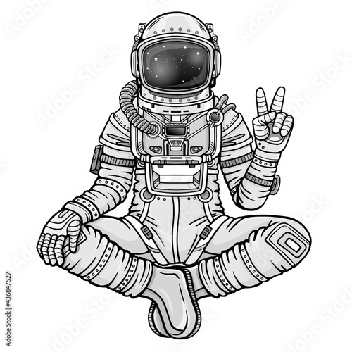 Animation figure of the astronaut sitting in a Buddha pose. Meditation in space. Monochrome drawing. Vector illustration isolated on a white background.  Print, poster, t-shirt, card.