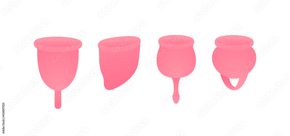 Menstrual cup and reusable menstruation equipment. Vector flat illustration set. Collection of red silicon cup of different shape isolated on white background. Menstrual cup and reusable menstruation equipment. Vector flat illustration set. Collection of red silicon cup of different shape isolated on white background.