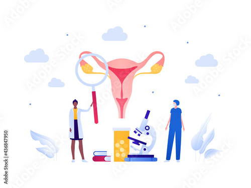 Gynecology and female reproductive system research concept. Vector flat medical people illustration. Doctor and scientist team. Magnifier glass, microscope, medicine. Design for healthcare, science.