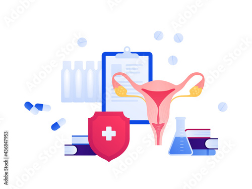 Gynecology and female reproductive system research concept. Vector flat medical illustration. Book, medicine, uterus, pill, suppository and red shield with cross symbol. Design for healthcare, science