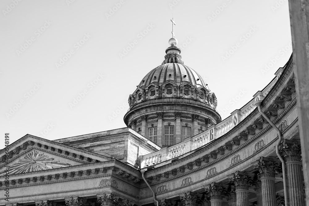 Kazan Cathedral, selected elements. Black And White Photo. Historical monument, an active Orthodox church in the center of St. Petersburg, Russia. 29.05.2021  pm 14.00