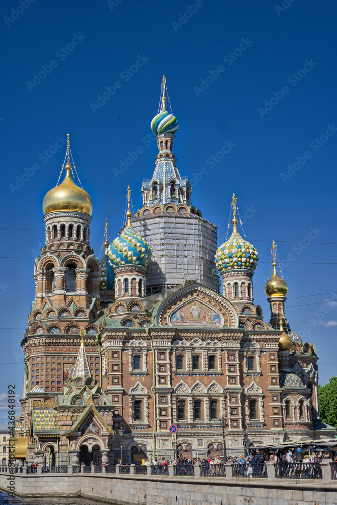 The Church of the Savior on Blood. Golden domes. A popular tourist destination. Russia Saint Petersburg 29.05.2021