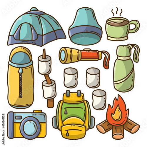 Set of hand drawn camping cartoon doodle bundle