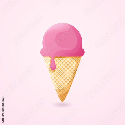 Różowe lody w wafelku. Roztapiający się słodki deser. Lód w rożku, jedna kulka - wzór tła lub tapety. Smak malinowy.