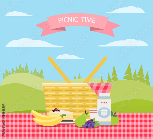Vector illustration. Picnic time.Shopping cart with products.Milk, cake, apple, pear, grapes,bananas.